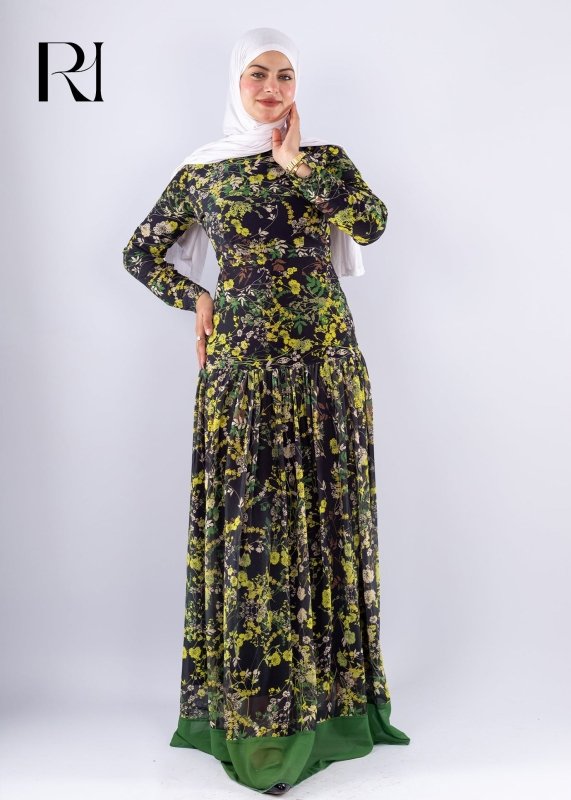 Naseem Black and green Floral Print Maxi Dress - Ruehaya