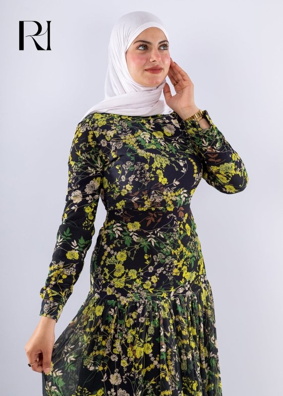 Naseem Black and green Floral Print Maxi Dress - Ruehaya