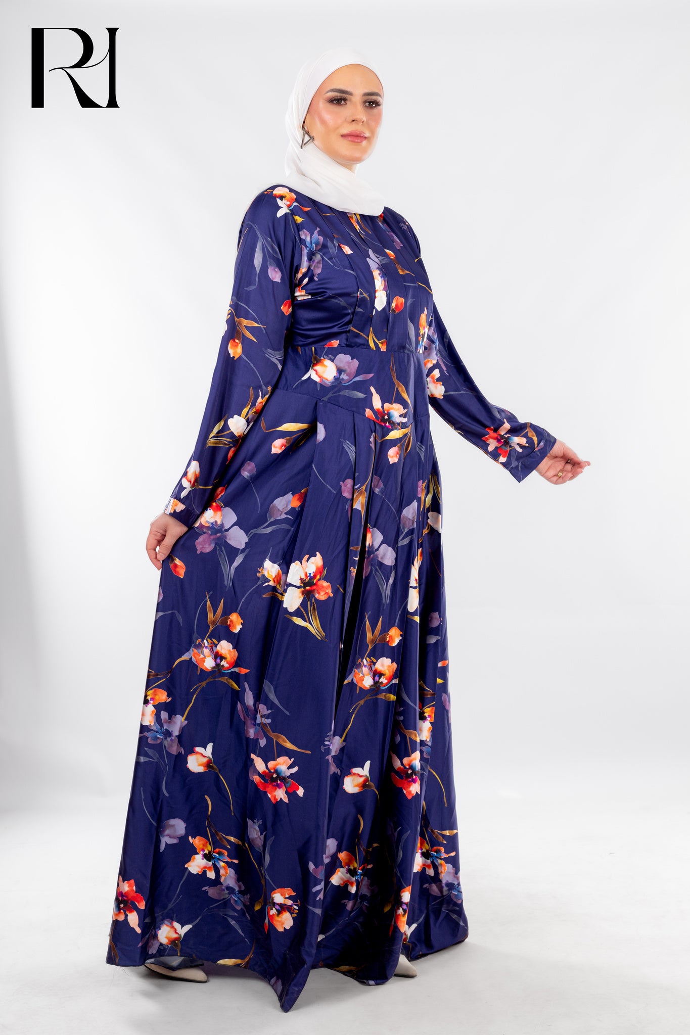 Navy Floral Pleated Maxi with Sunset Tones - Ruehaya