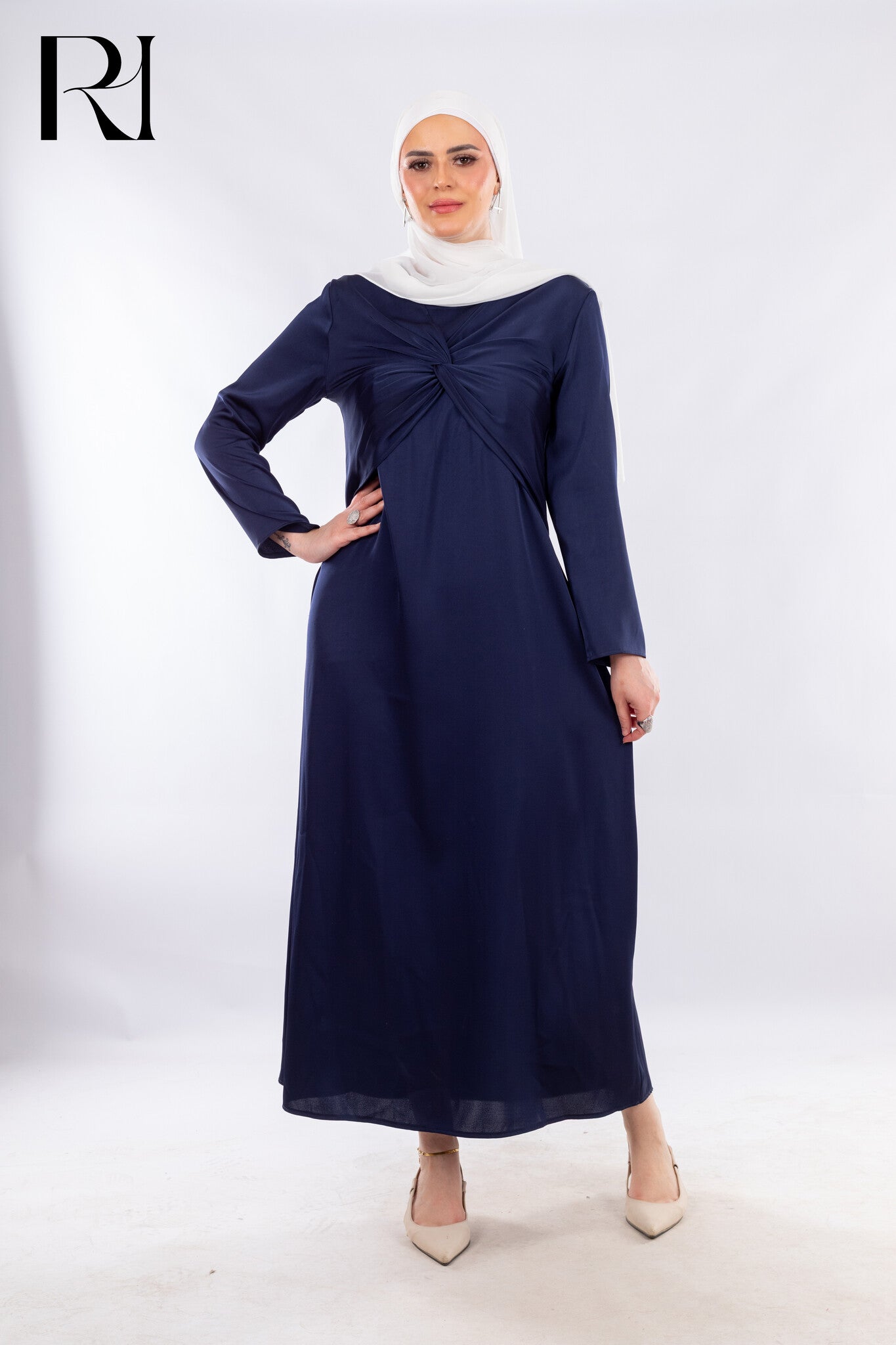 Navy Twist Front Maxi with Subtle Elegance - Ruehaya