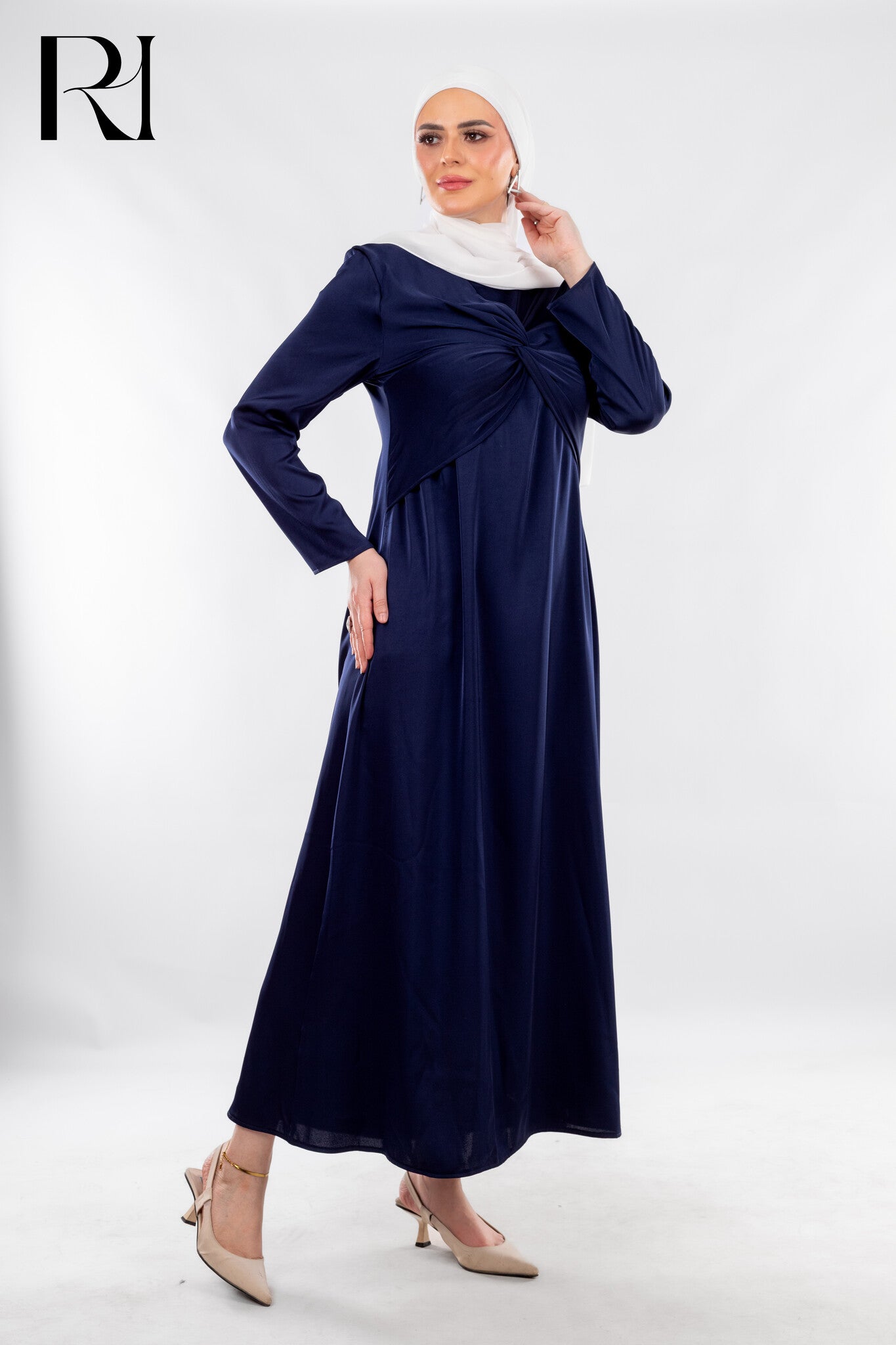 Navy Twist Front Maxi with Subtle Elegance - Ruehaya