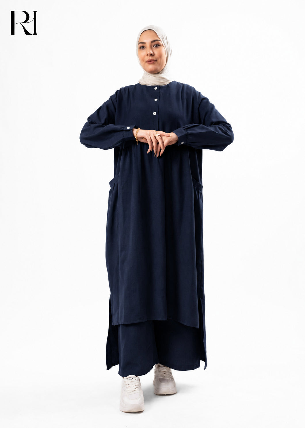 Maram Linen Blend Two-Piece Modest Set – Navy