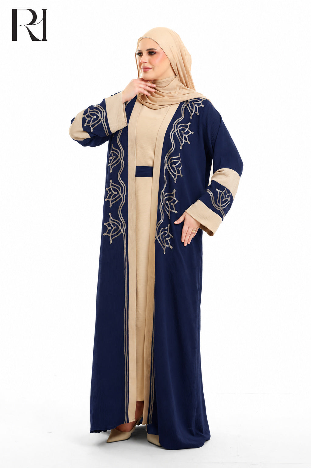 Samira Embroidered Crepe Abaya Set - Navy