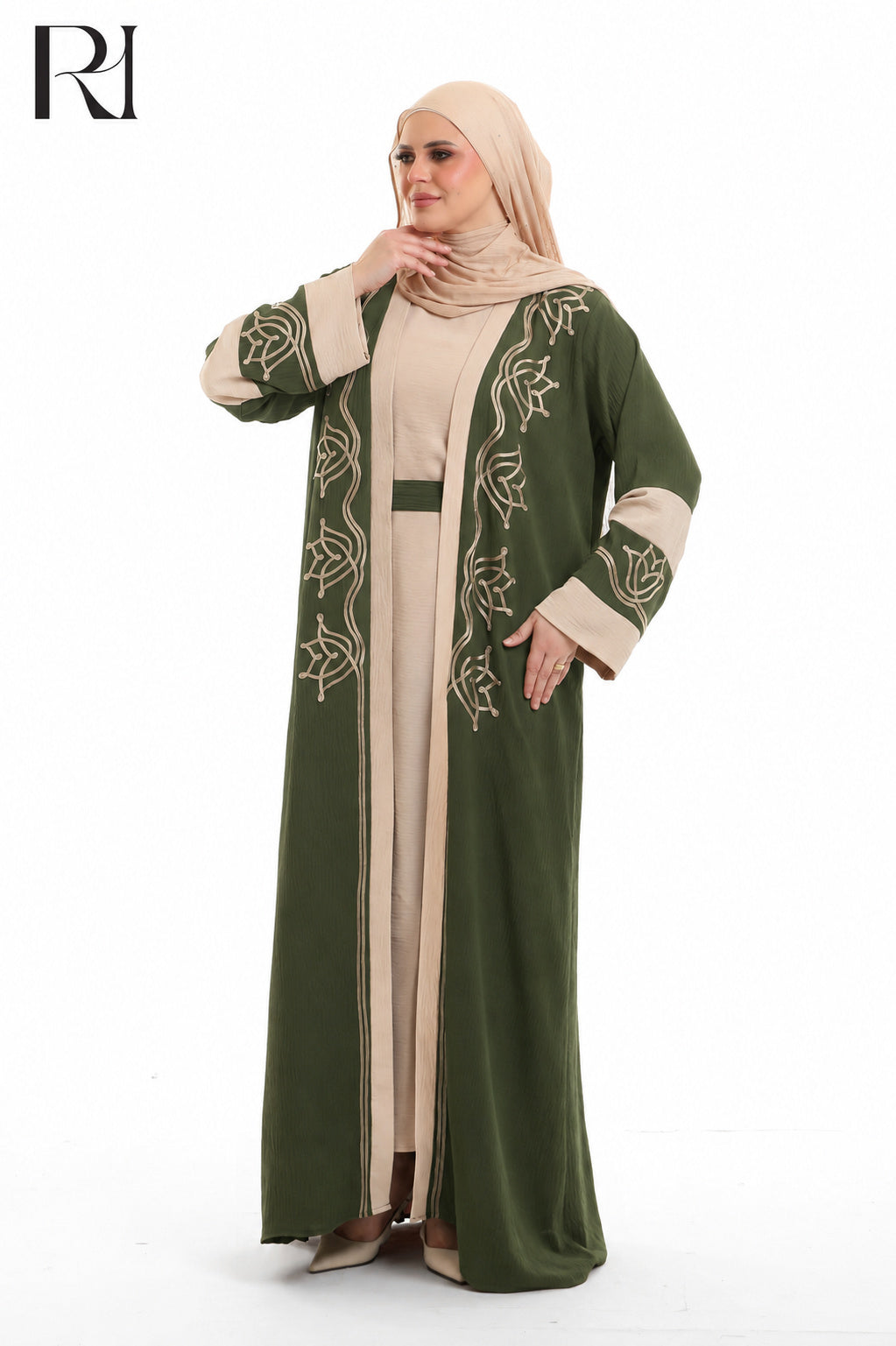 Samira Embroidered Crepe Abaya Set - Olive Green