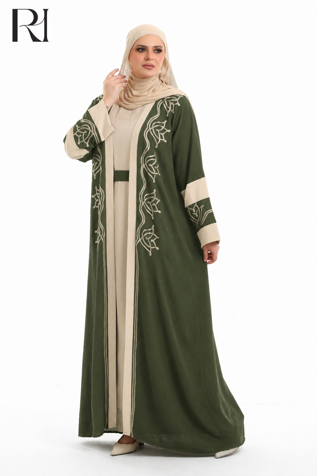 Samira Embroidered Crepe Abaya Set - Olive Green