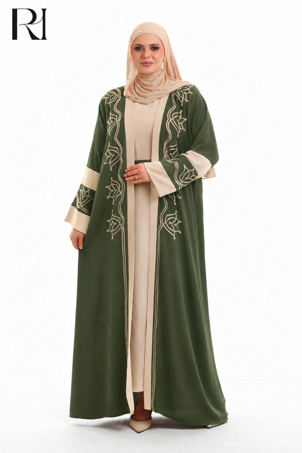Samira Embroidered Crepe Abaya Set - Olive Green