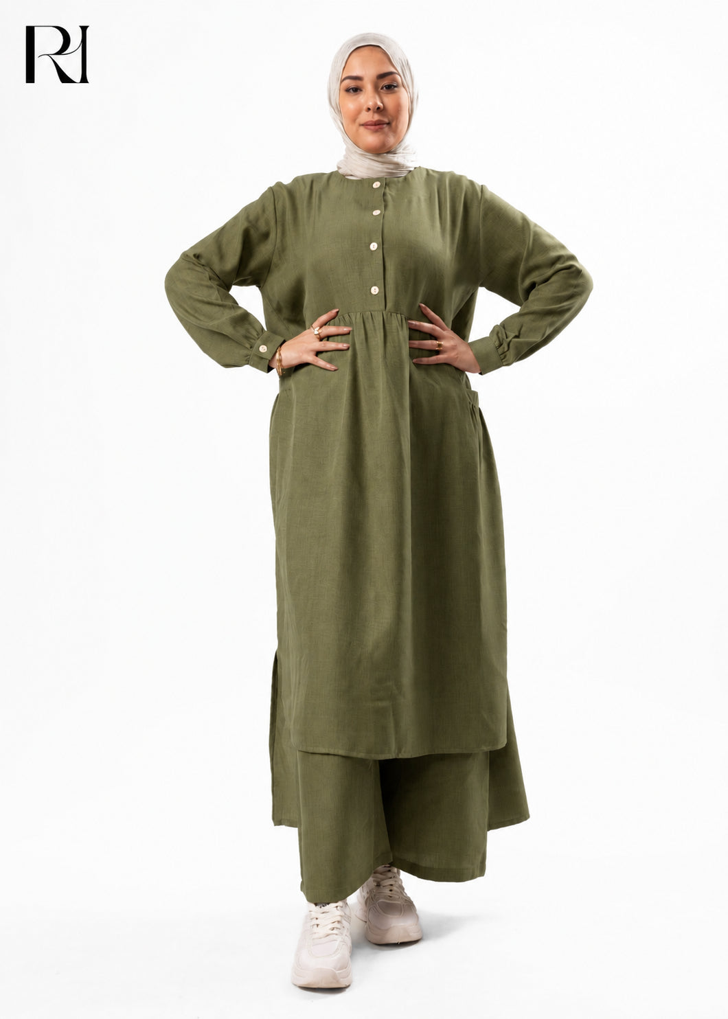 olive green two piece dress Maram Linen Blend Two-Piece Modest Set – piece set with high Cilantro Jalapeño Ranch Dressing palmspr Size:Custom Size (leaving a note)