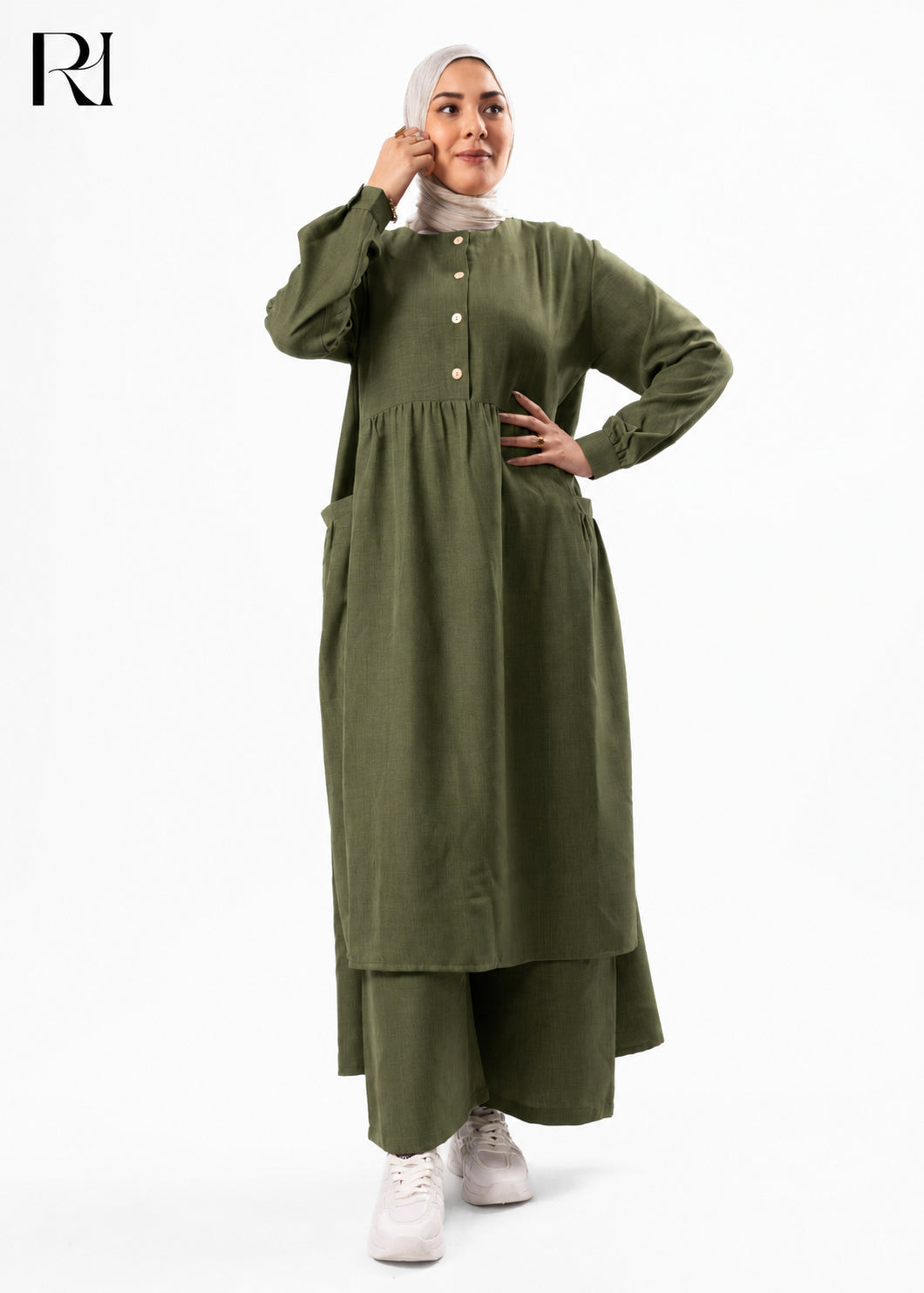 Maram Linen Blend Two-Piece Modest Set – Olive Green