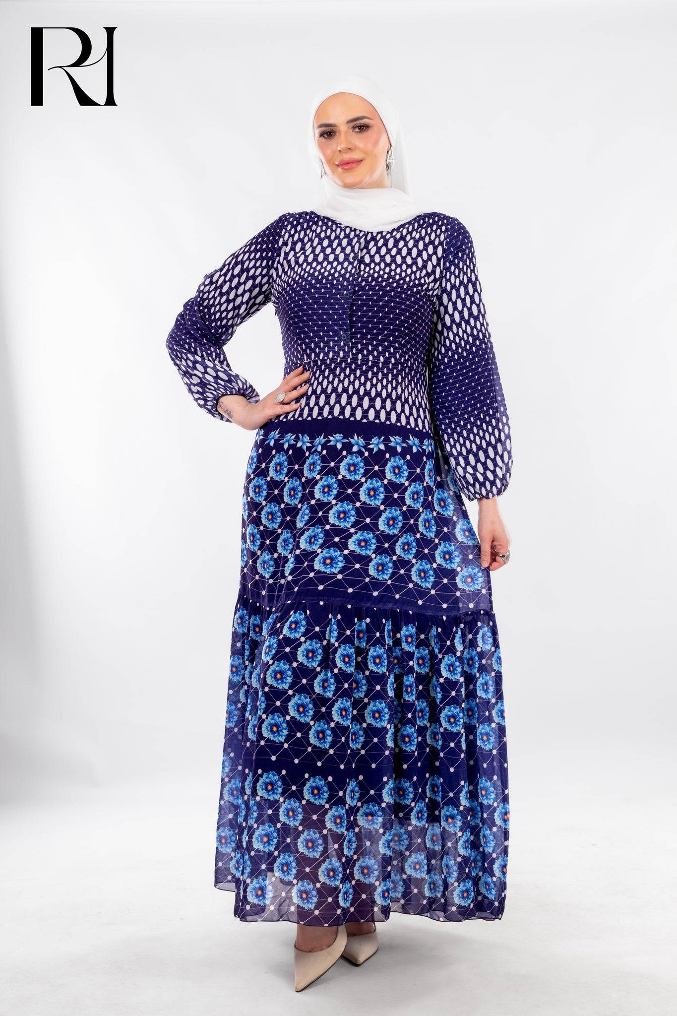 Ornamental Blue Print Dress with Boho Spirit - Ruehaya