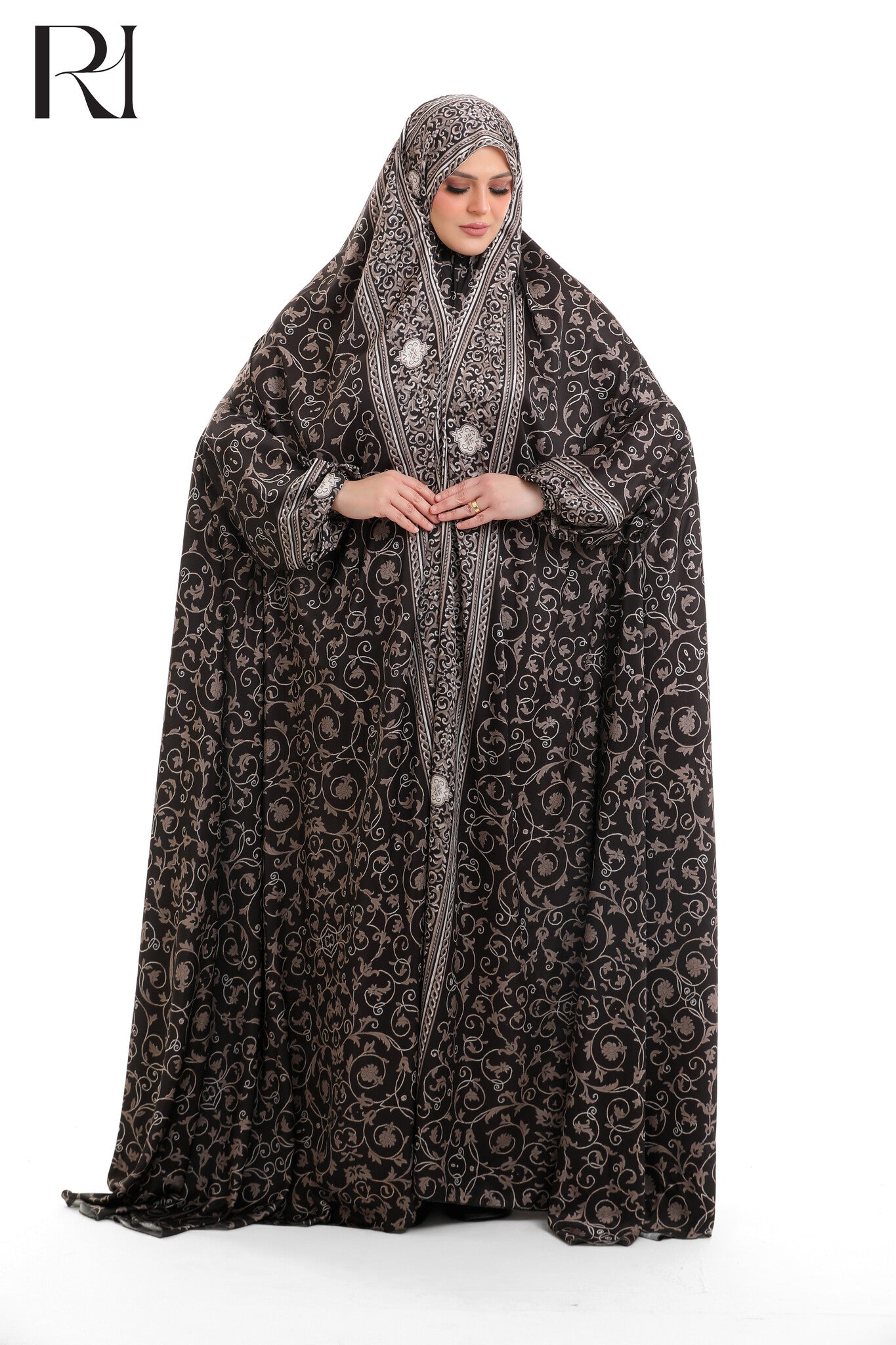 Noor Printed Blended Satin Prayer Gown - Dark Brown