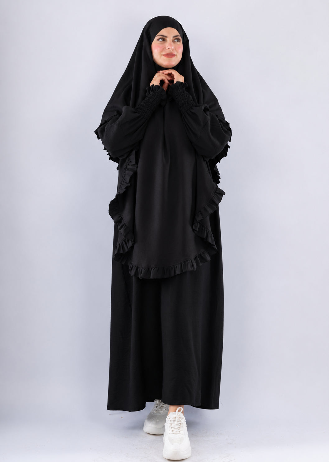 Radia Ruflles Linen Blend Prayer Set - Black
