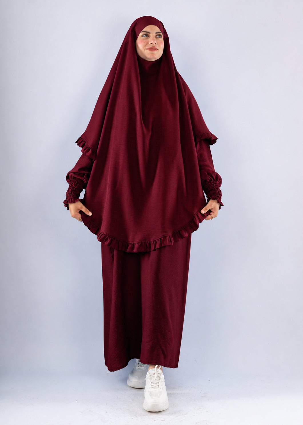 Radia Ruflles Linen Blend Prayer Set - Burgundy