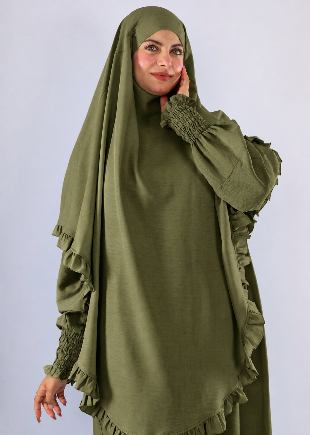 Radia Ruflles Linen Blend Prayer Set - Olive Green