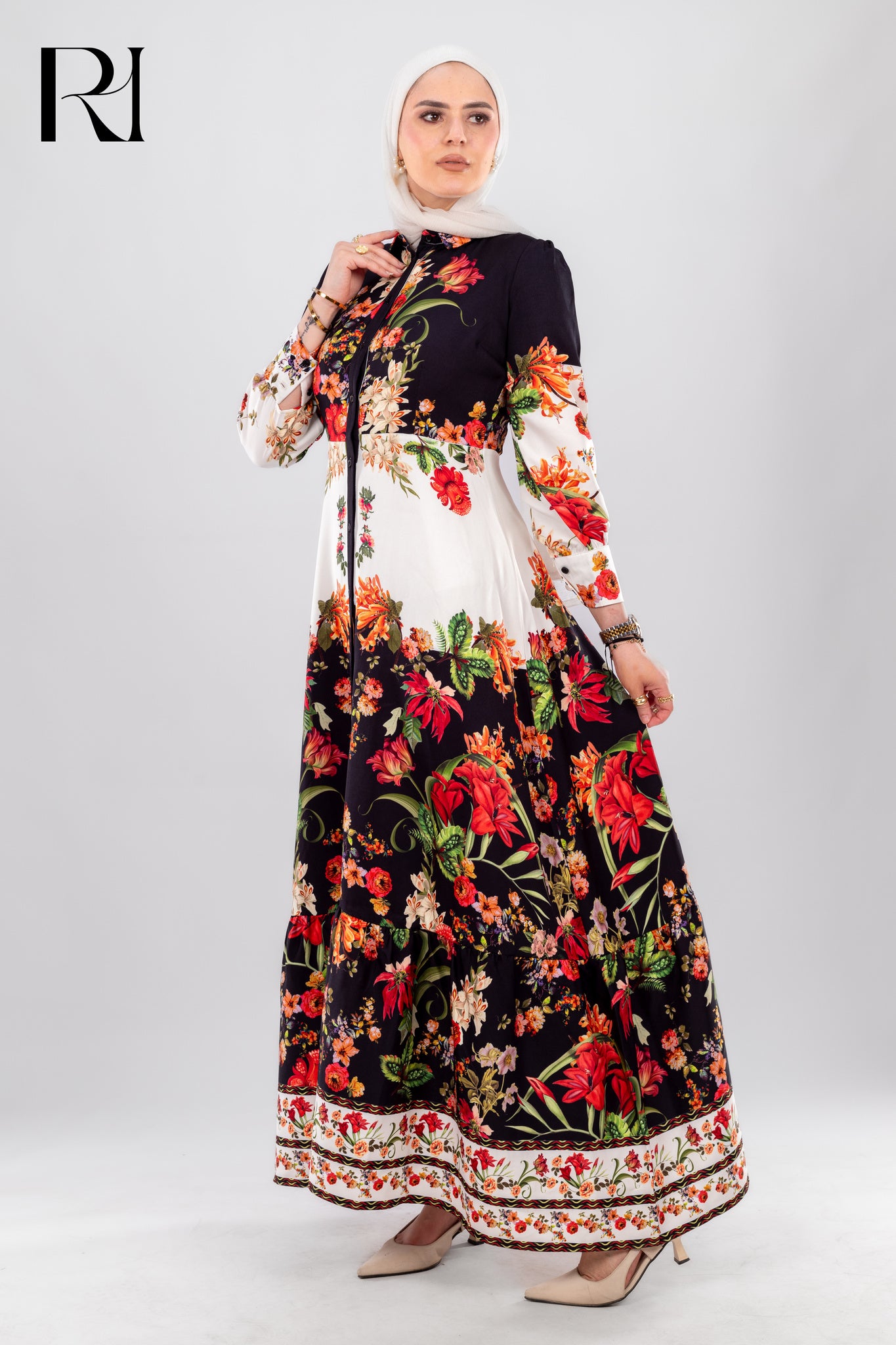 Rahma Elegant Floral Button Down Maxi Dress Black & White Modest Style - Ruehaya
