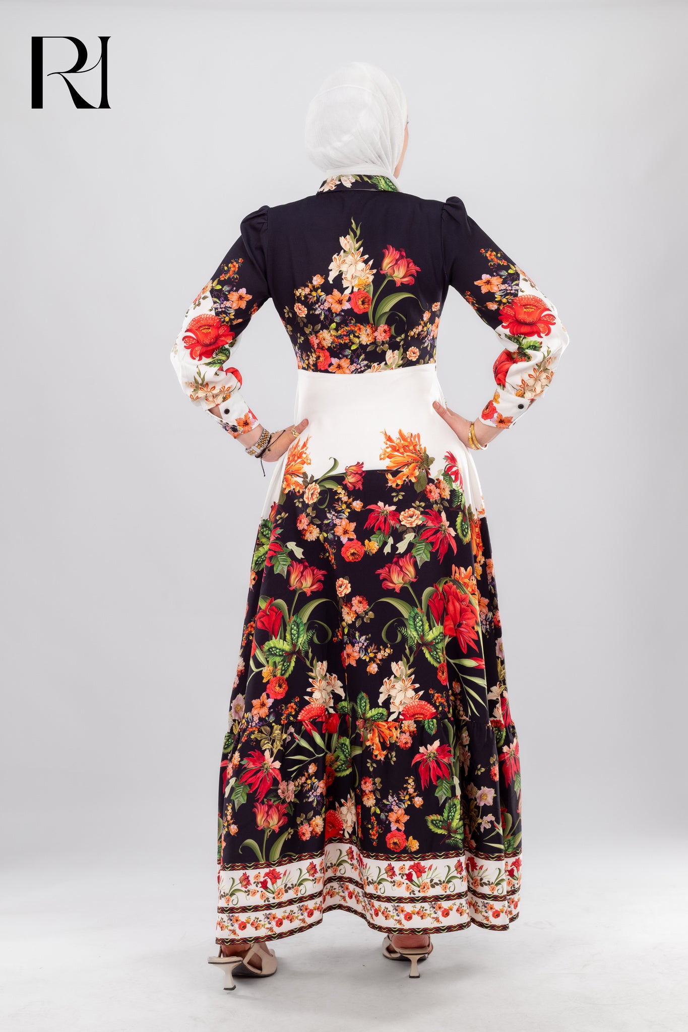 Rahma Elegant Floral Button Down Maxi Dress Black & White Modest Style - Ruehaya