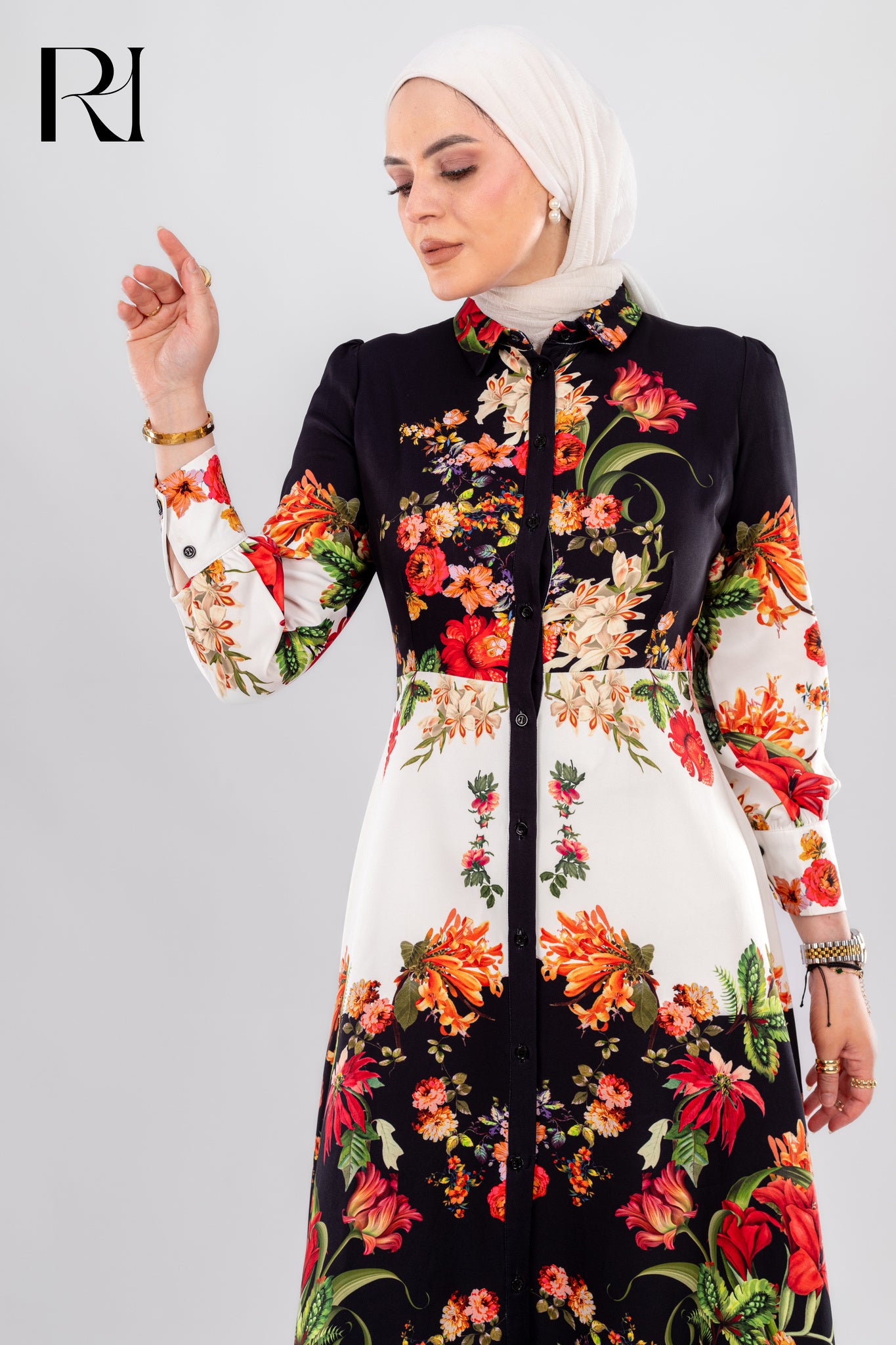 Rahma Elegant Floral Button Down Maxi Dress Black & White Modest Style - Ruehaya