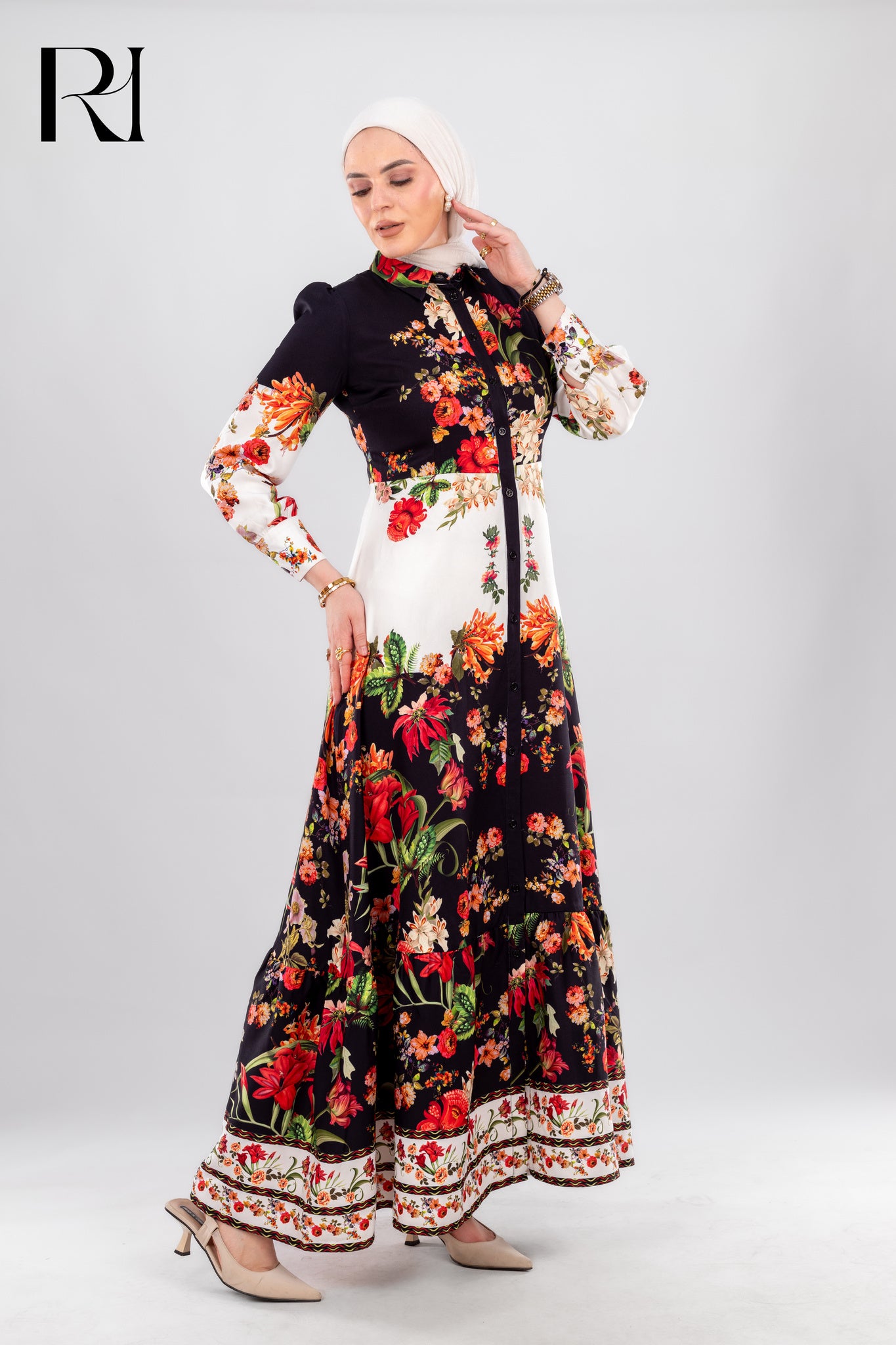 Rahma Elegant Floral Button Down Maxi Dress Black & White Modest Style - Ruehaya