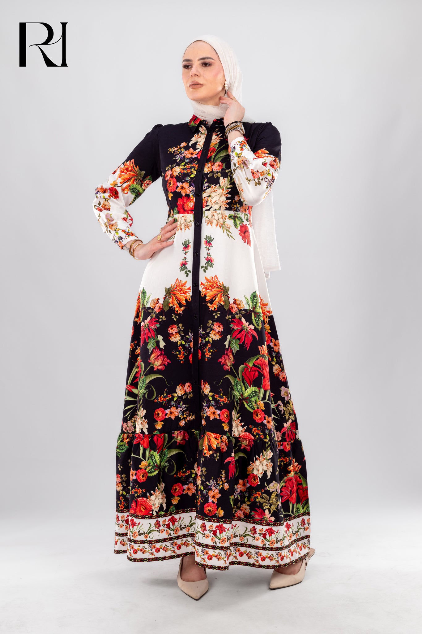 Rahma Elegant Floral Button Down Maxi Dress Black & White Modest Style - Ruehaya