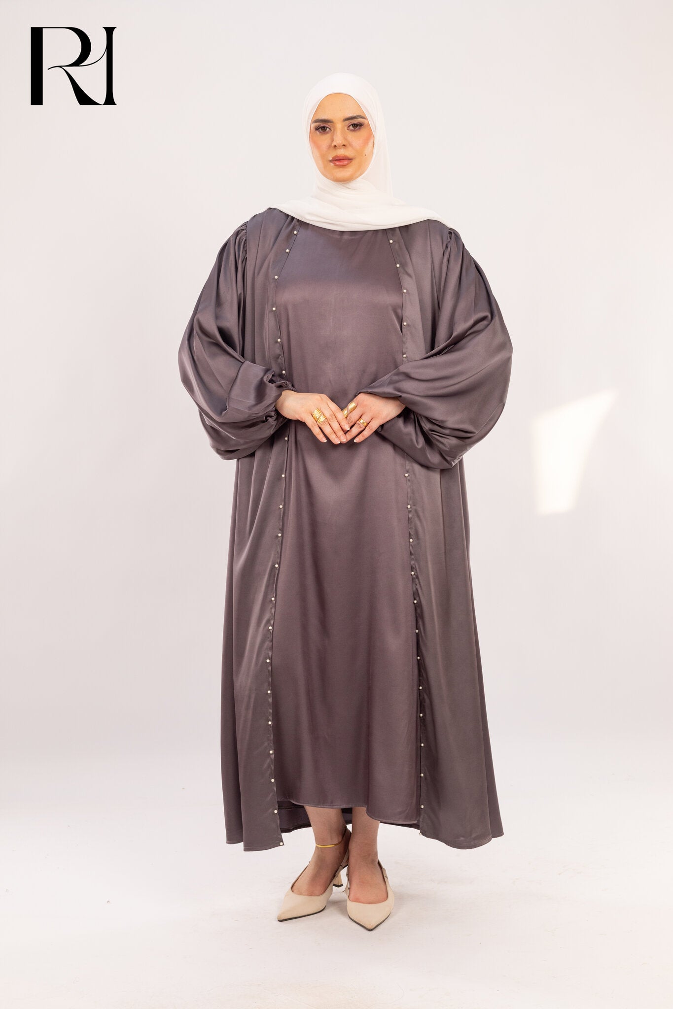 Rania Slate Grey Satin Pearl - Trim Dress - Ruehaya