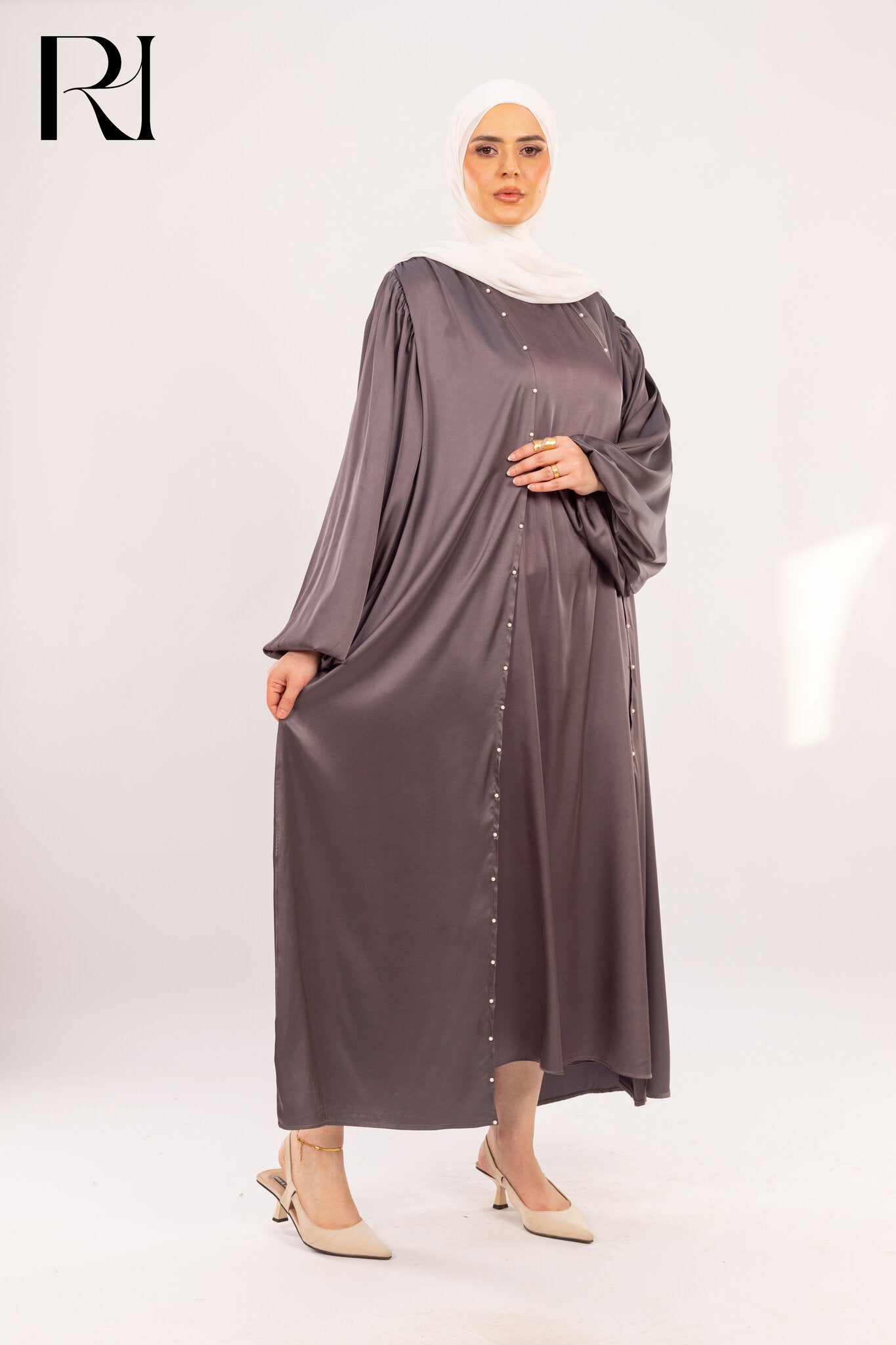Rania Slate Grey Satin Pearl - Trim Dress - Ruehaya