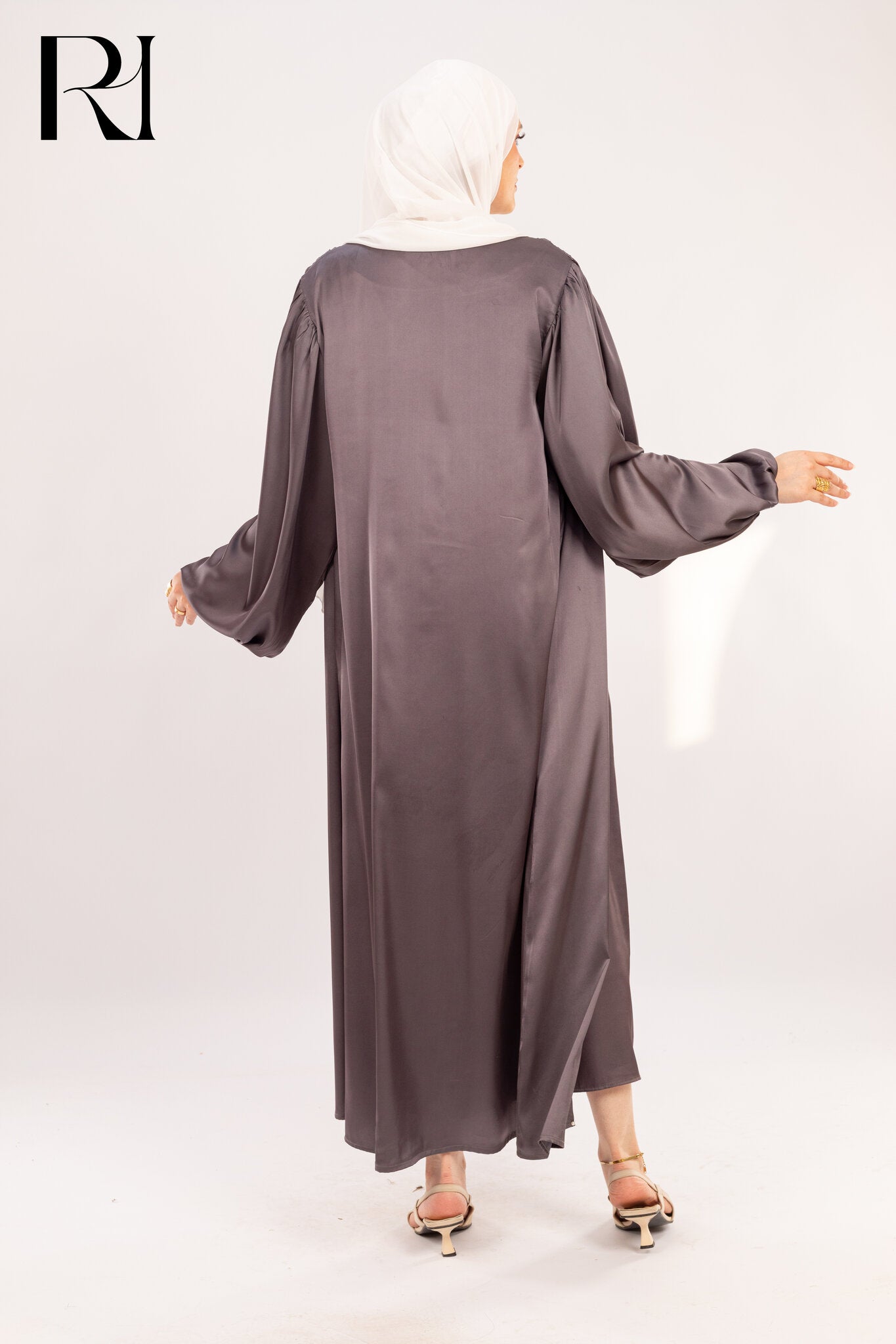 Rania Slate Grey Satin Pearl - Trim Dress - Ruehaya