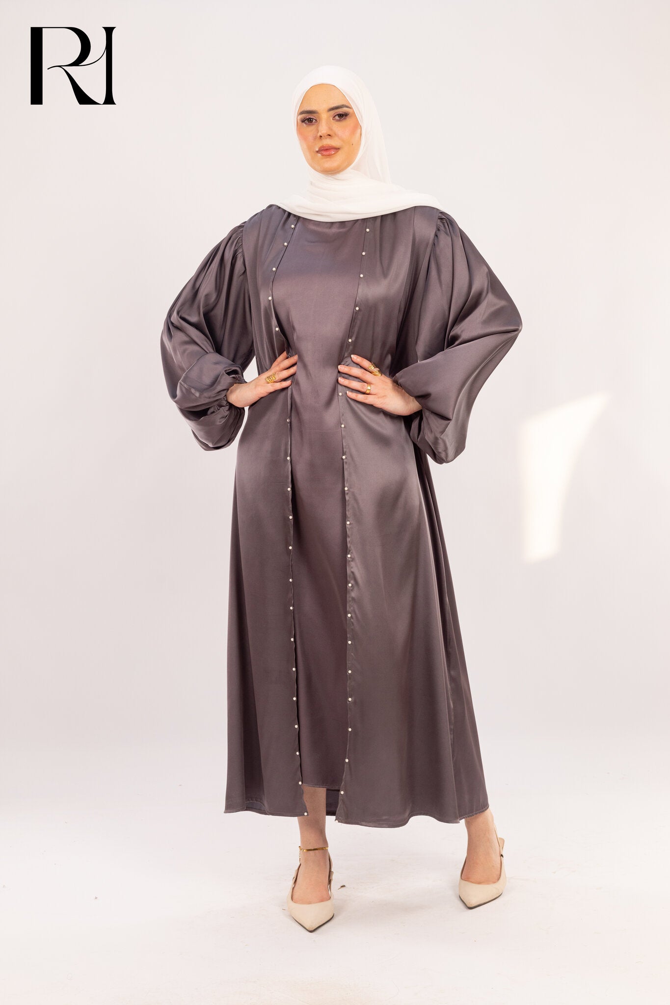 Rania Slate Grey Satin Pearl - Trim Dress - Ruehaya