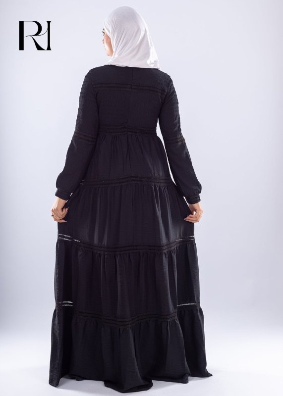 Rawan Black Tiered Maxi Dress Modest Long Sleeve - Ruehaya