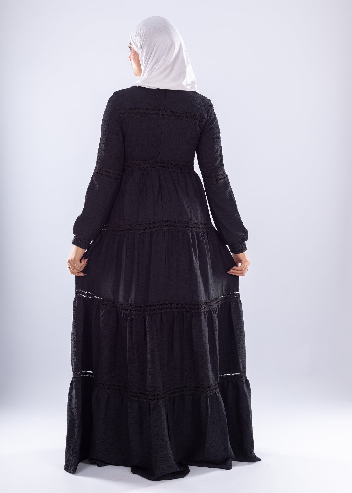 Rawan Black Tiered Maxi Dress Modest Long Sleeve - Ruehaya
