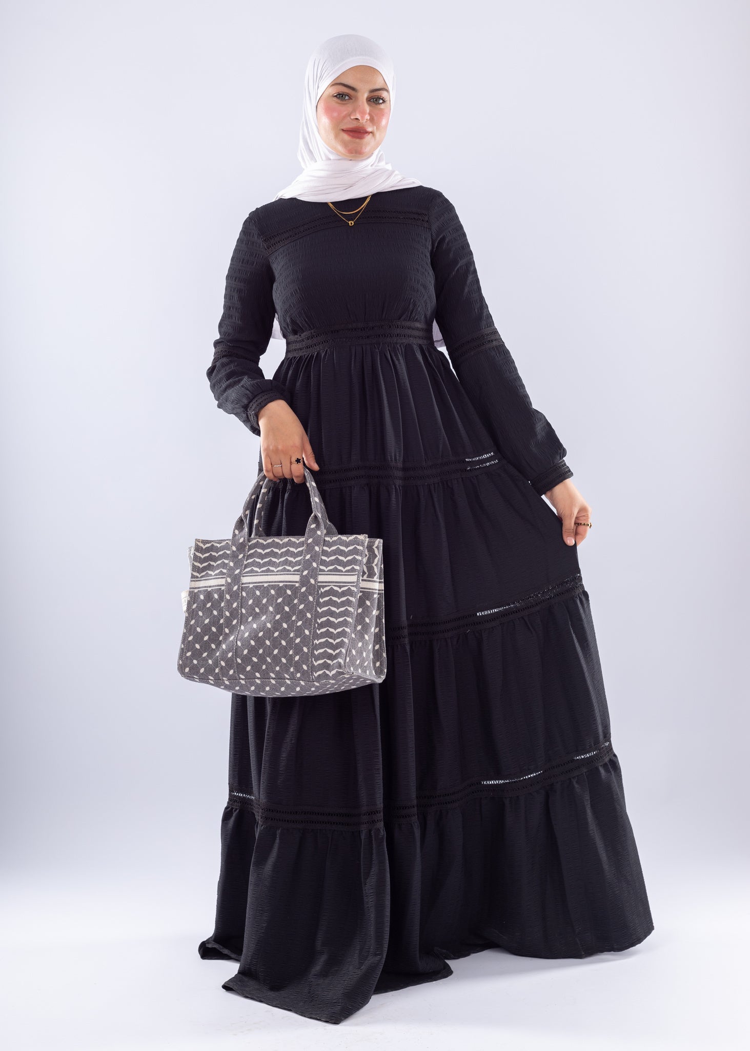 Rawan Black Tiered Maxi Dress Modest Long Sleeve - Ruehaya