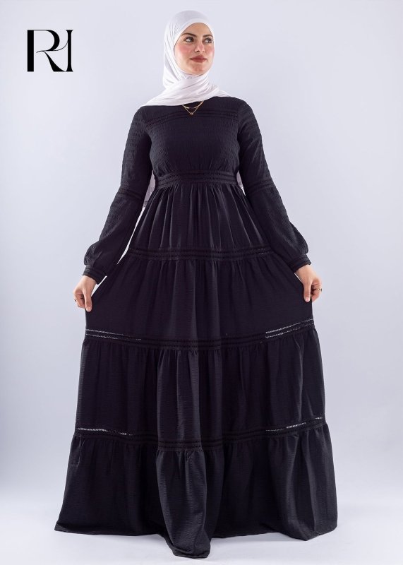 Rawan Black Tiered Maxi Dress Modest Long Sleeve - Ruehaya