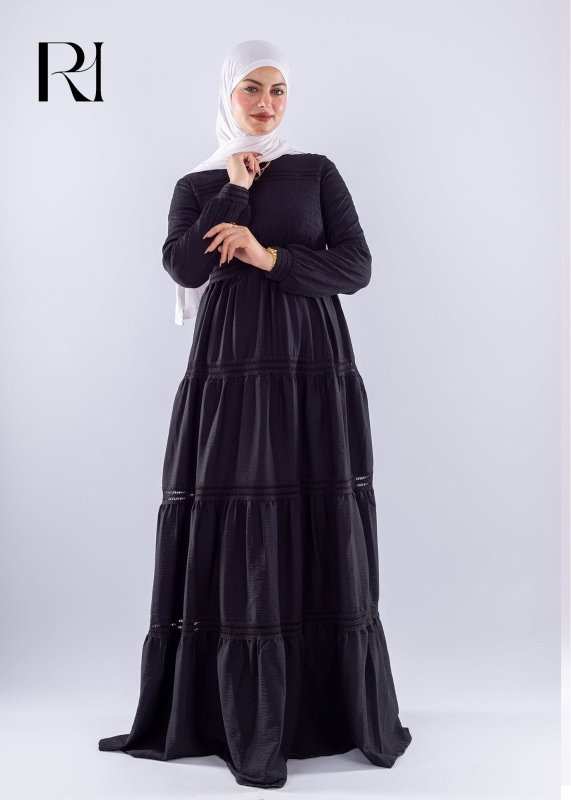 Rawan Black Tiered Maxi Dress Modest Long Sleeve - Ruehaya