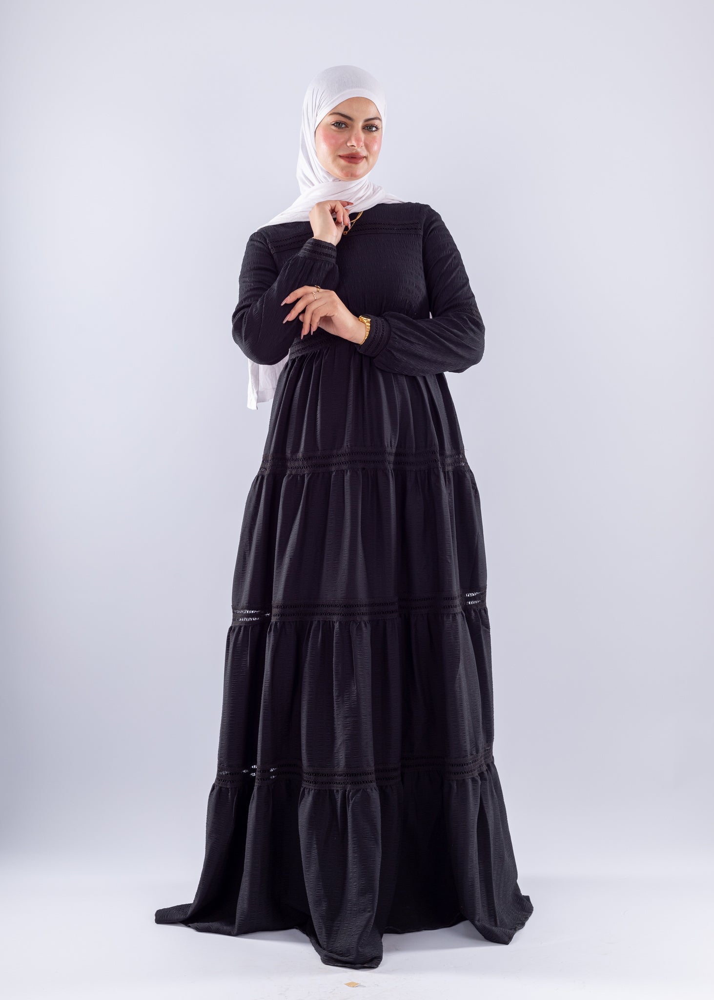 Rawan Black Tiered Maxi Dress Modest Long Sleeve - Ruehaya
