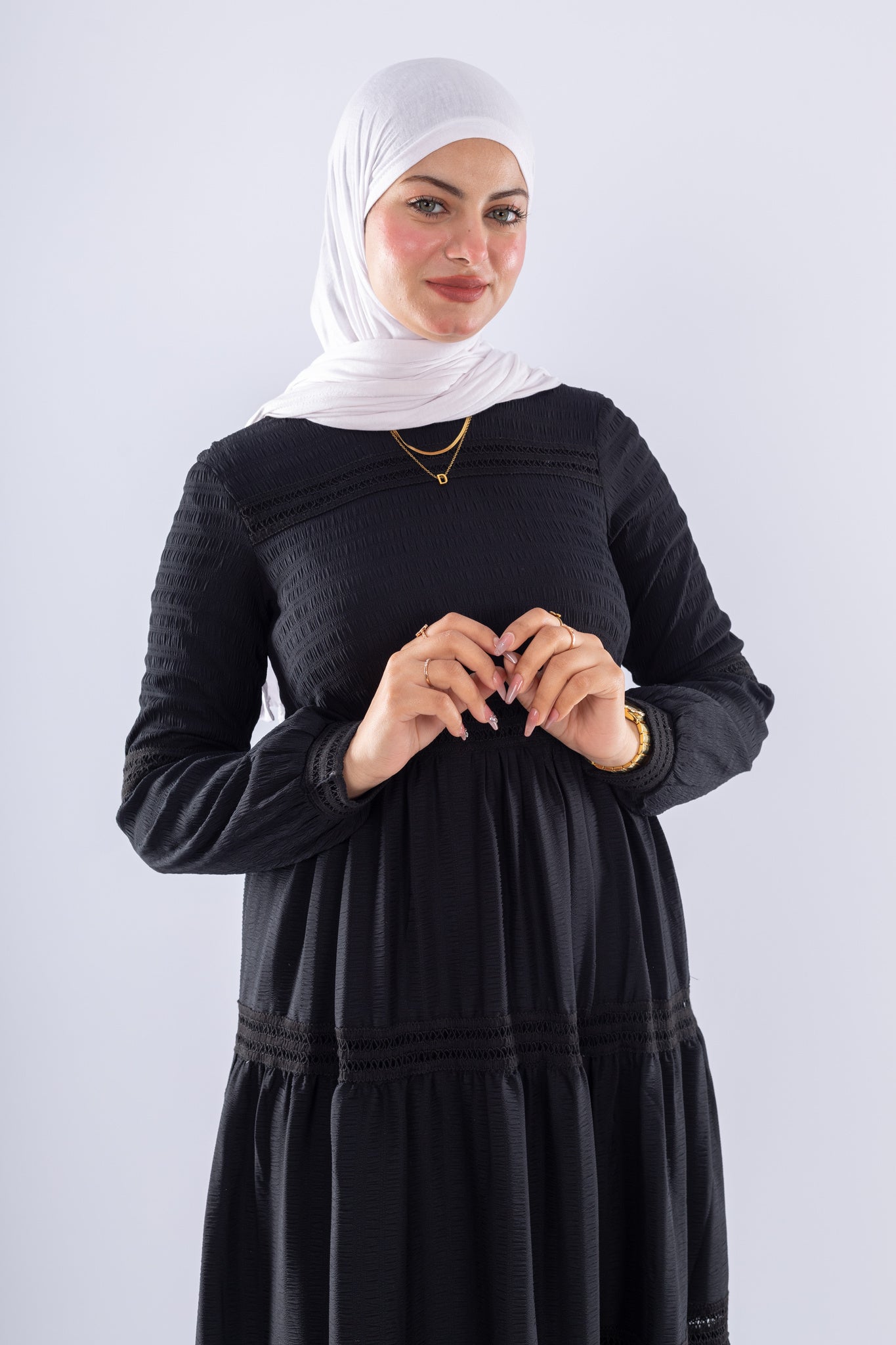 Rawan Black Tiered Maxi Dress Modest Long Sleeve - Ruehaya