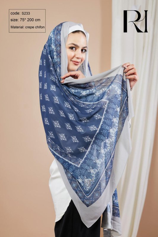 Ruehaya Blue & Grey Crepe Chiffon Scarf - Ruehaya