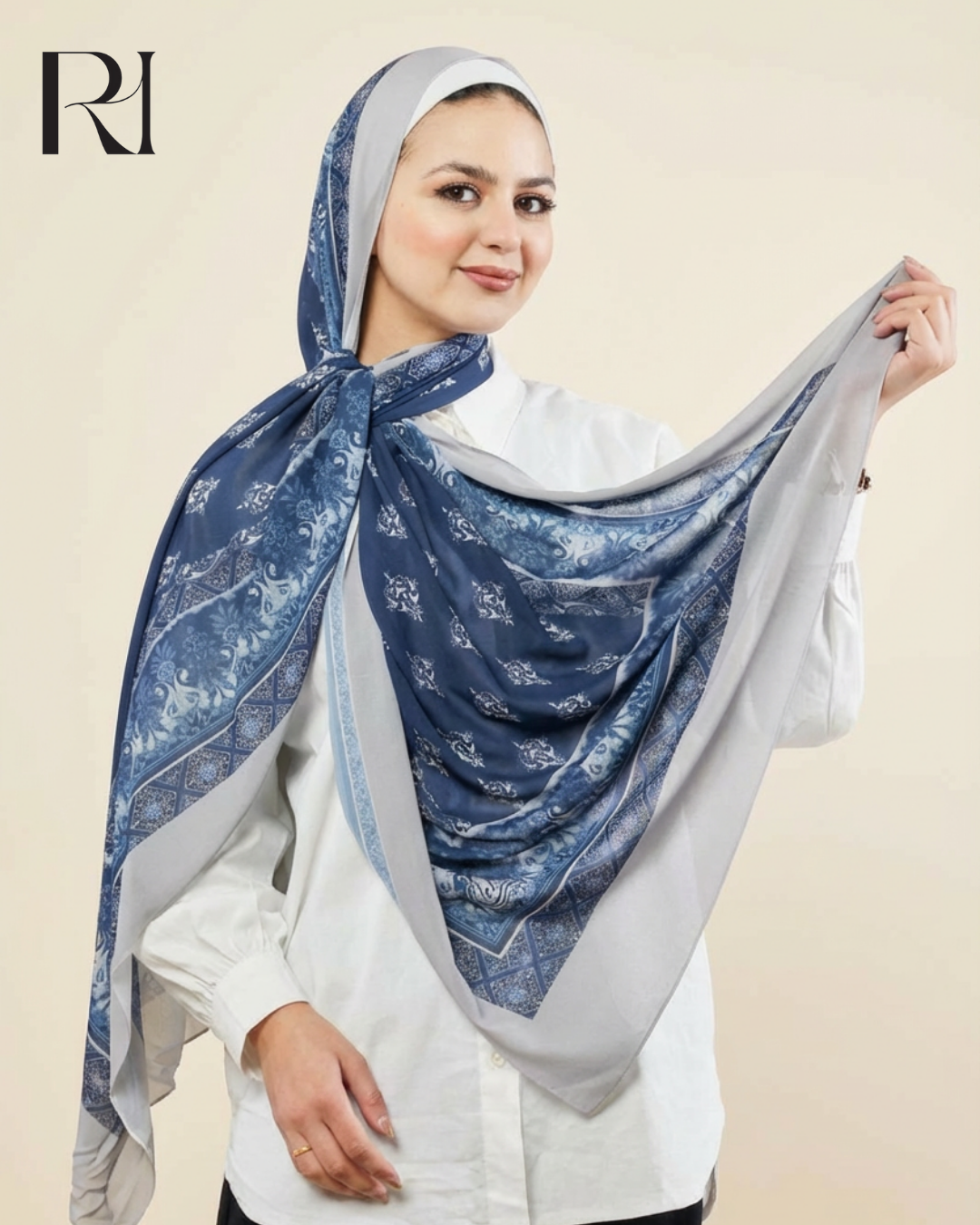 Ruehaya Blue & Grey Crepe Chiffon Scarf - Ruehaya
