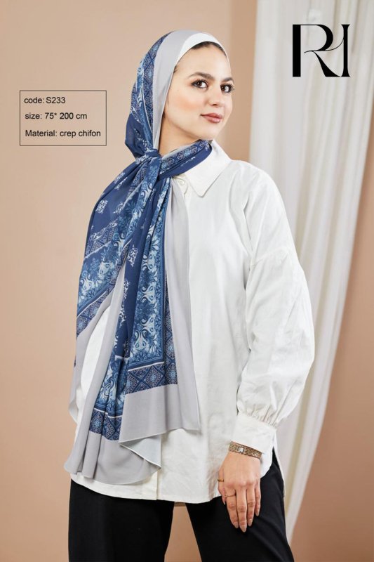 Ruehaya Blue & Grey Crepe Chiffon Scarf - Ruehaya