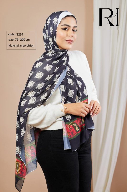 Ruehaya Floral Elegance Crepe Chiffon Hijab Timeless Beauty - Ruehaya