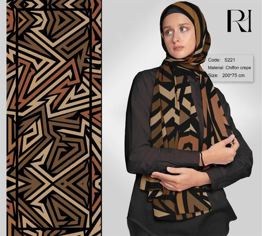Ruehaya Geometric Chiffon Crepe Scarf Modern & Elegant Hijab - Ruehaya