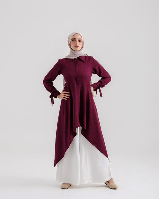 Sahar Plum Drape Asymmetrical Modest Tunic with Tied Sleeve - Ruehaya