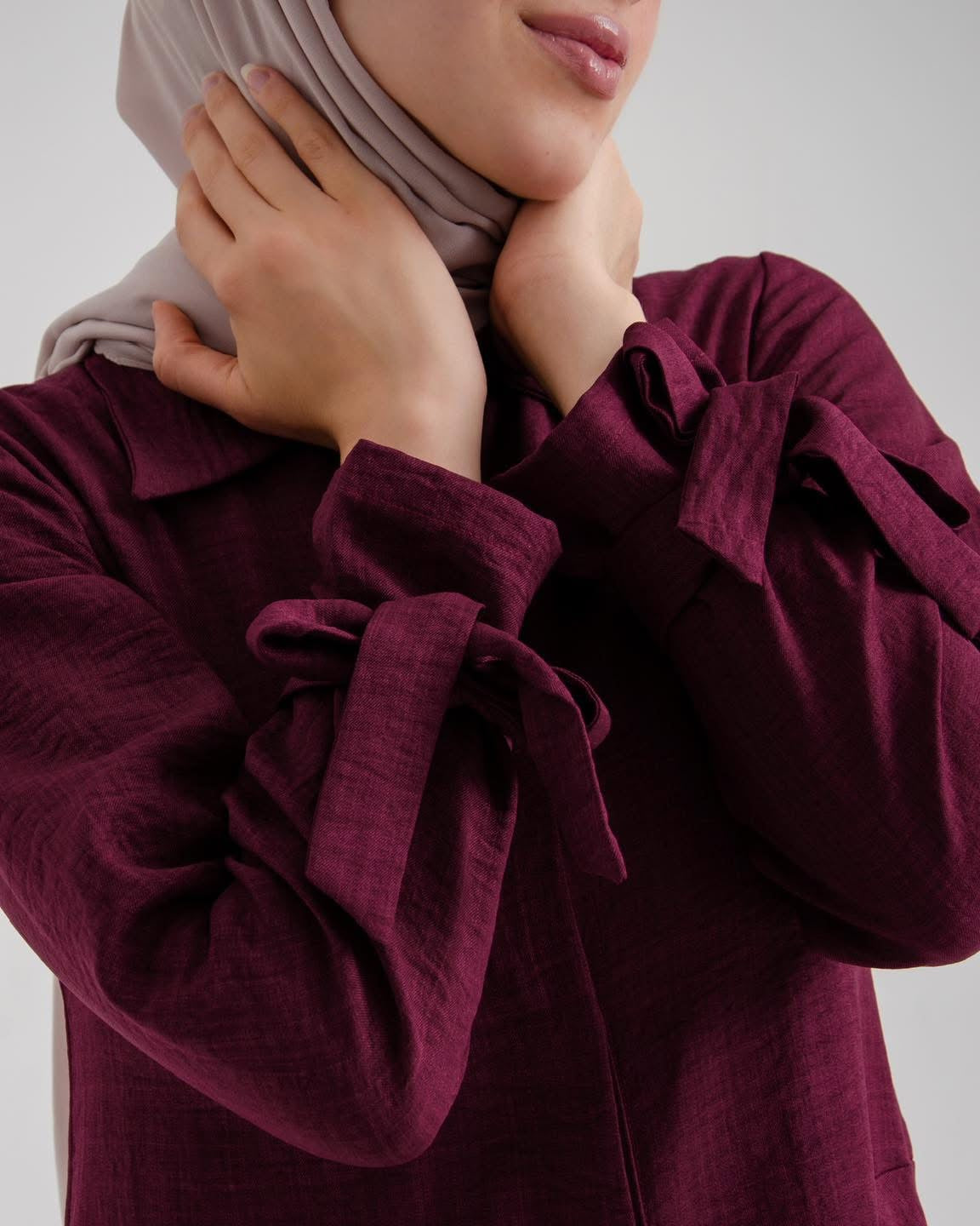 Sahar Plum Drape Asymmetrical Modest Tunic with Tied Sleeve - Ruehaya