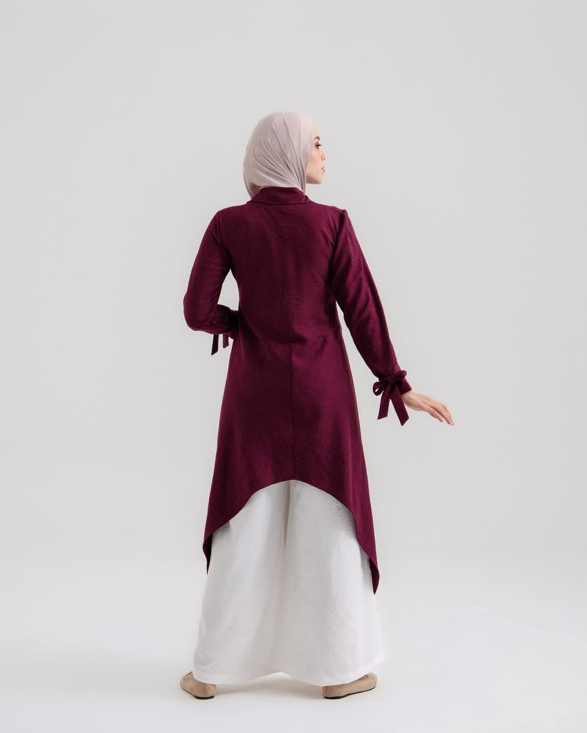 Sahar Plum Drape Asymmetrical Modest Tunic with Tied Sleeve - Ruehaya
