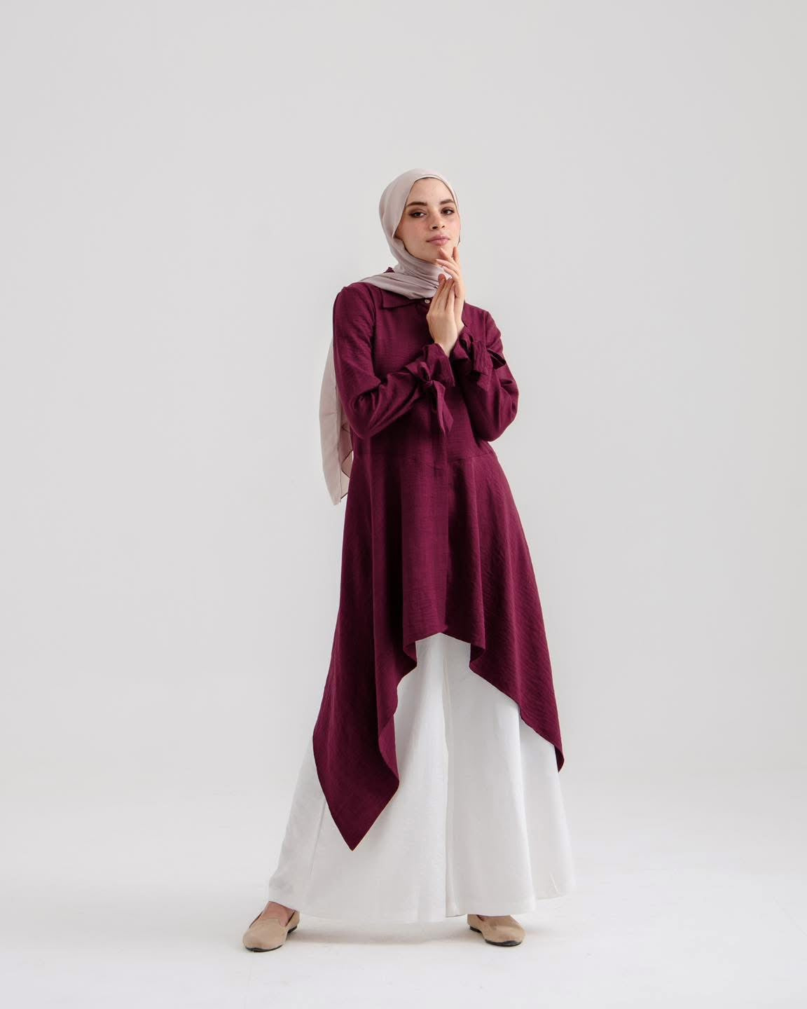 Sahar Plum Drape Asymmetrical Modest Tunic with Tied Sleeve - Ruehaya