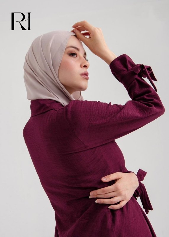 Sahar Plum Drape Asymmetrical Modest Tunic with Tied Sleeve - Ruehaya