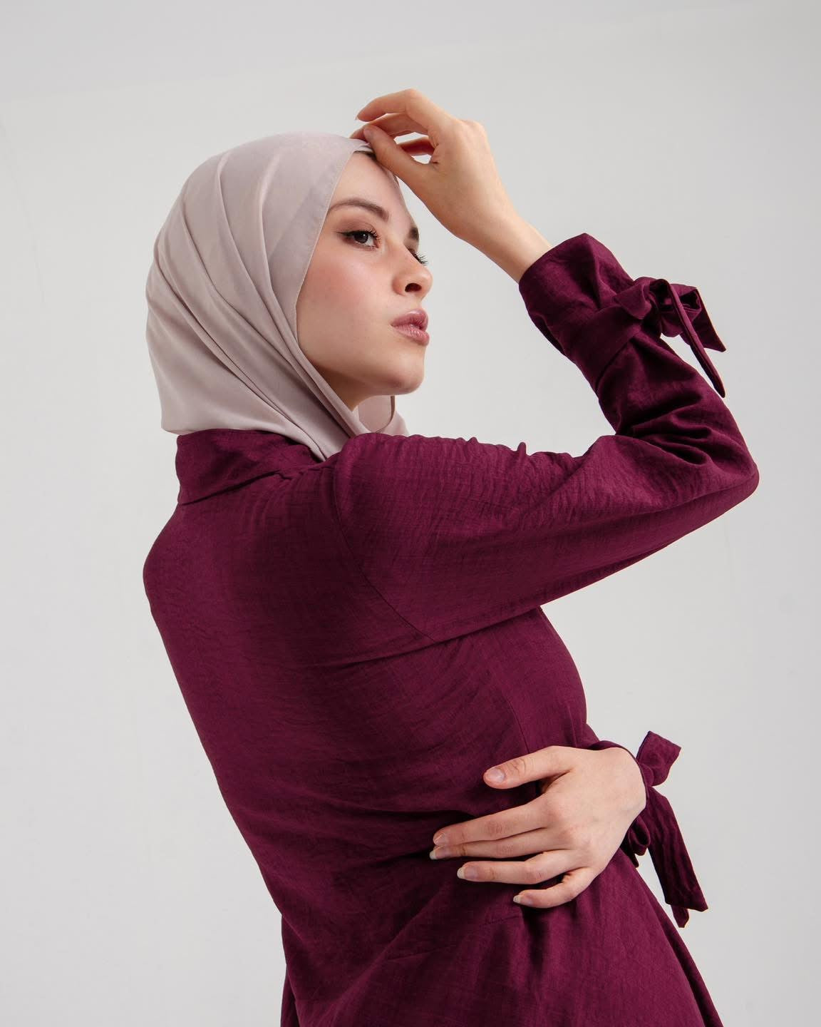Sahar Plum Drape Asymmetrical Modest Tunic with Tied Sleeve - Ruehaya