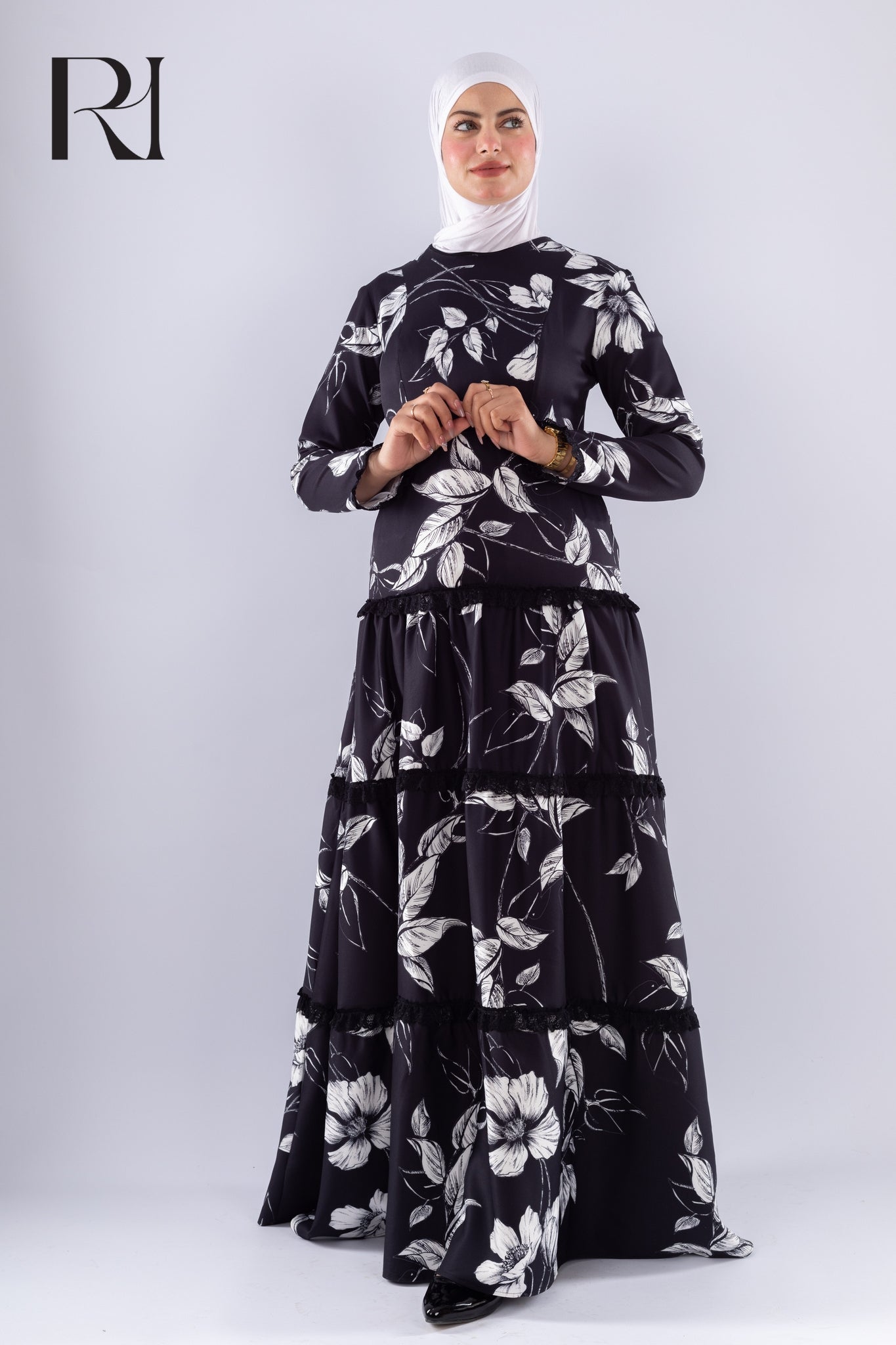 Salma Black and white Chiffon dress - Ruehaya