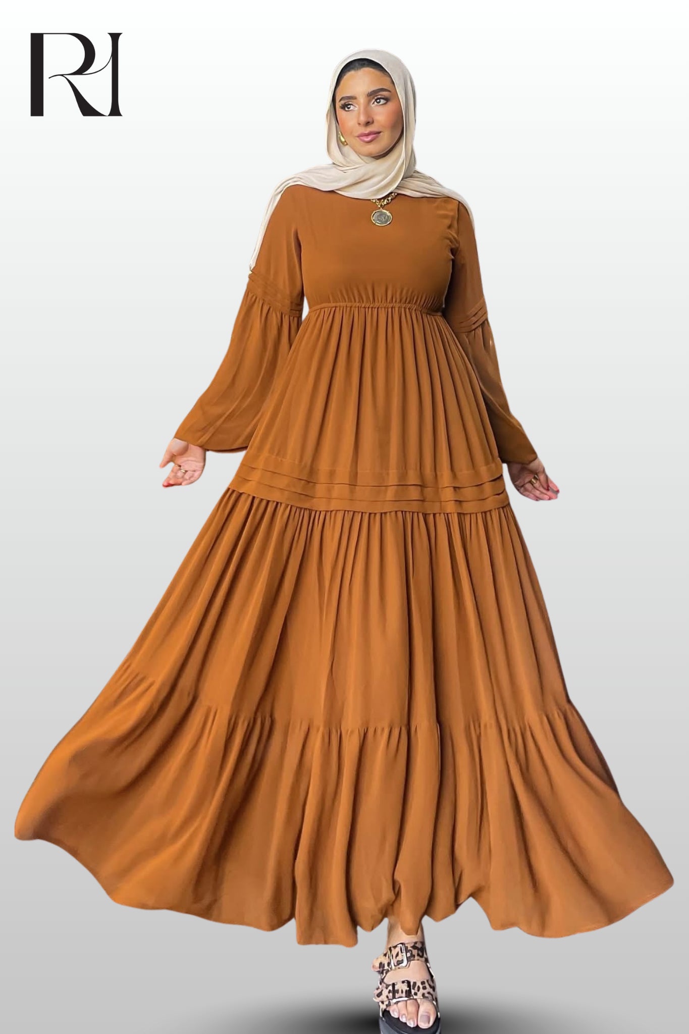 Samaa Classic Long Sleeve Chiffon Brown Dress - Ruehaya