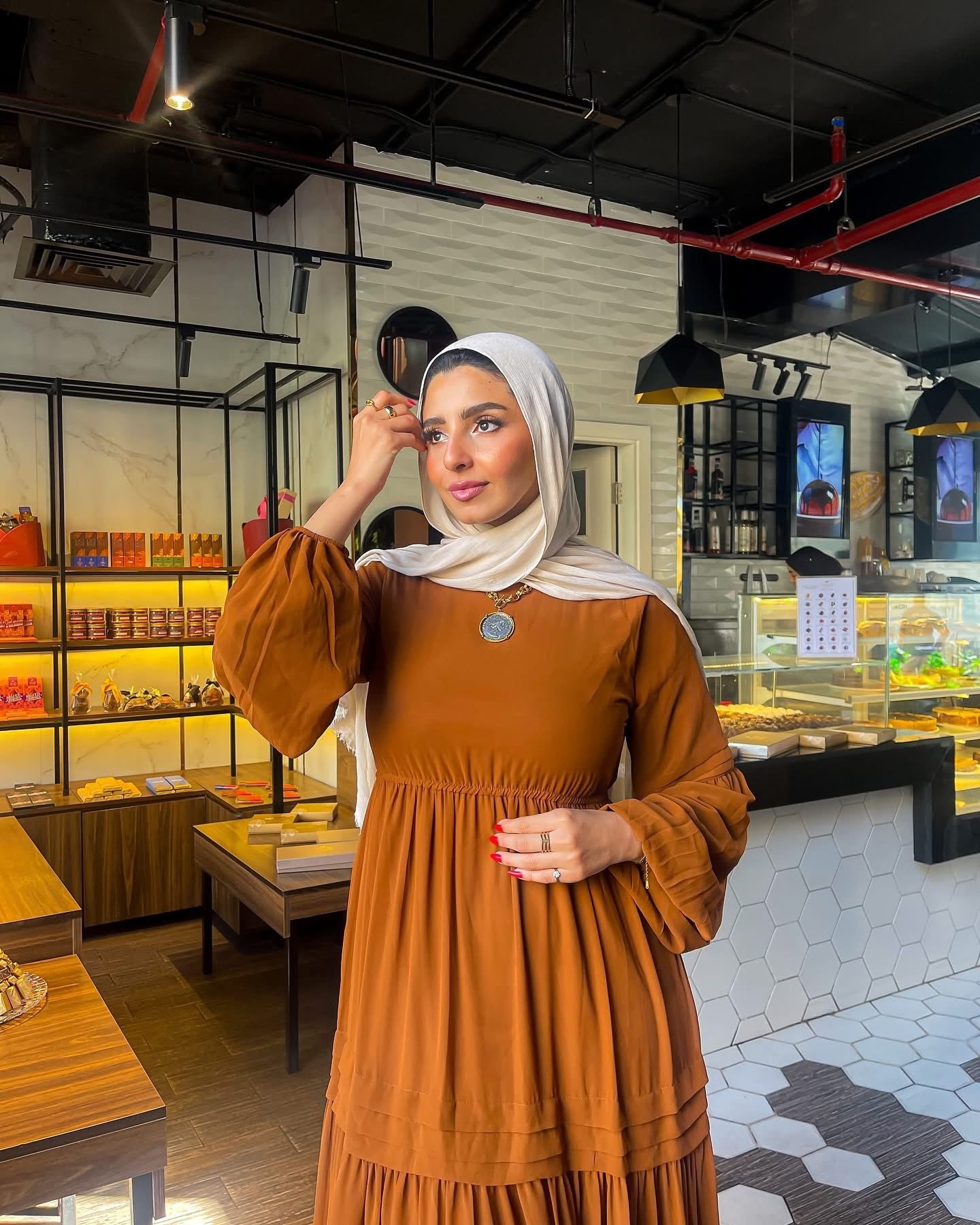 Samaa Classic Long Sleeve Chiffon Brown Dress - Ruehaya