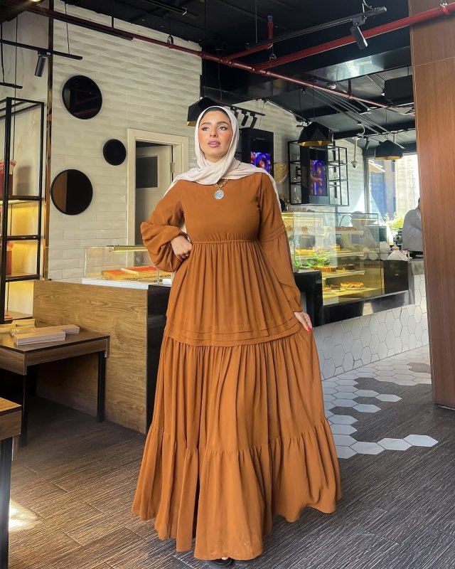 Samaa Classic Long Sleeve Chiffon Brown Dress - Ruehaya