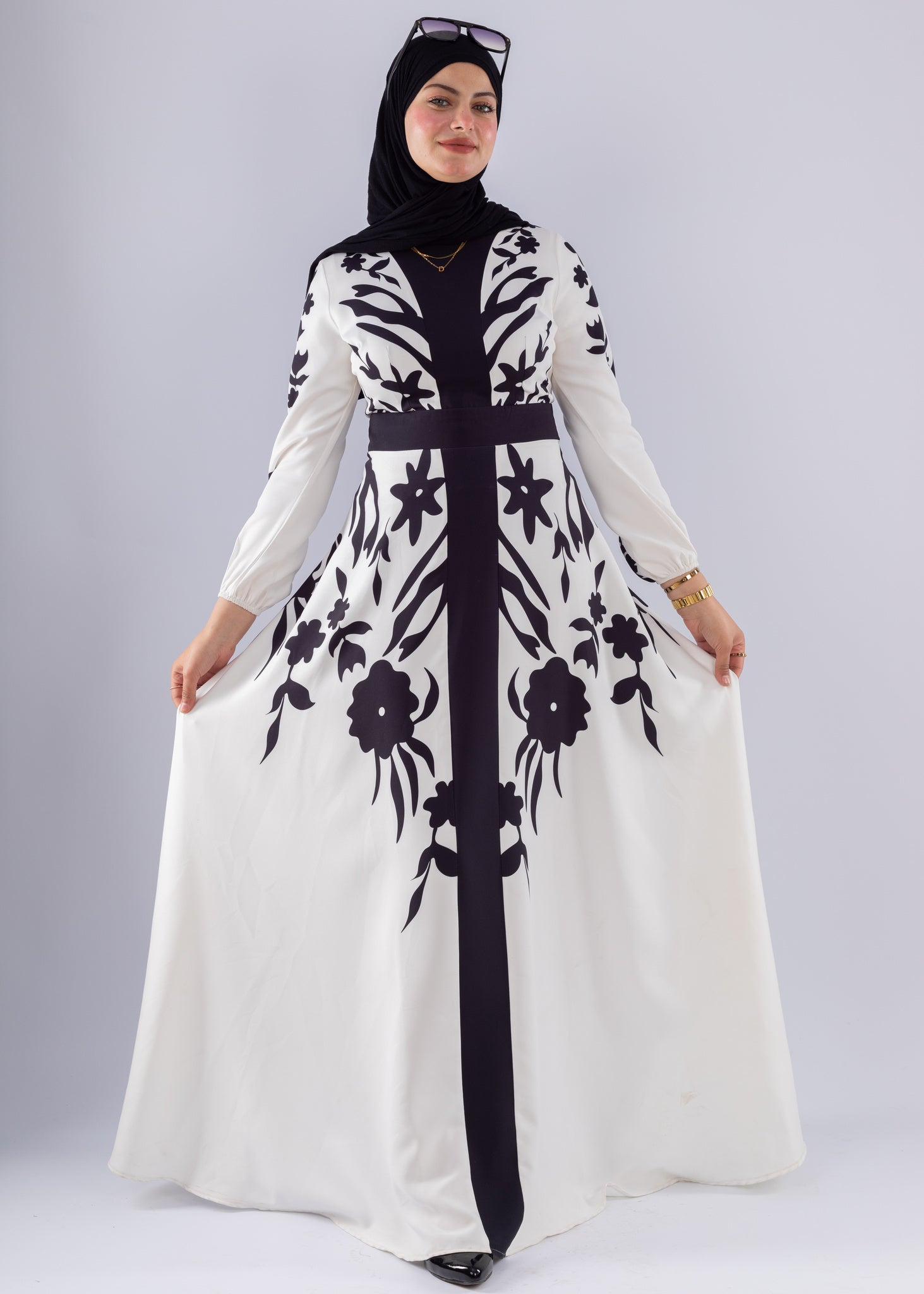 Samar Black & White Floral Modesty Dress - Ruehaya
