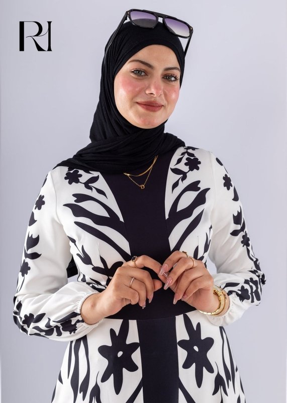 Samar Black & White Floral Modesty Dress - Ruehaya